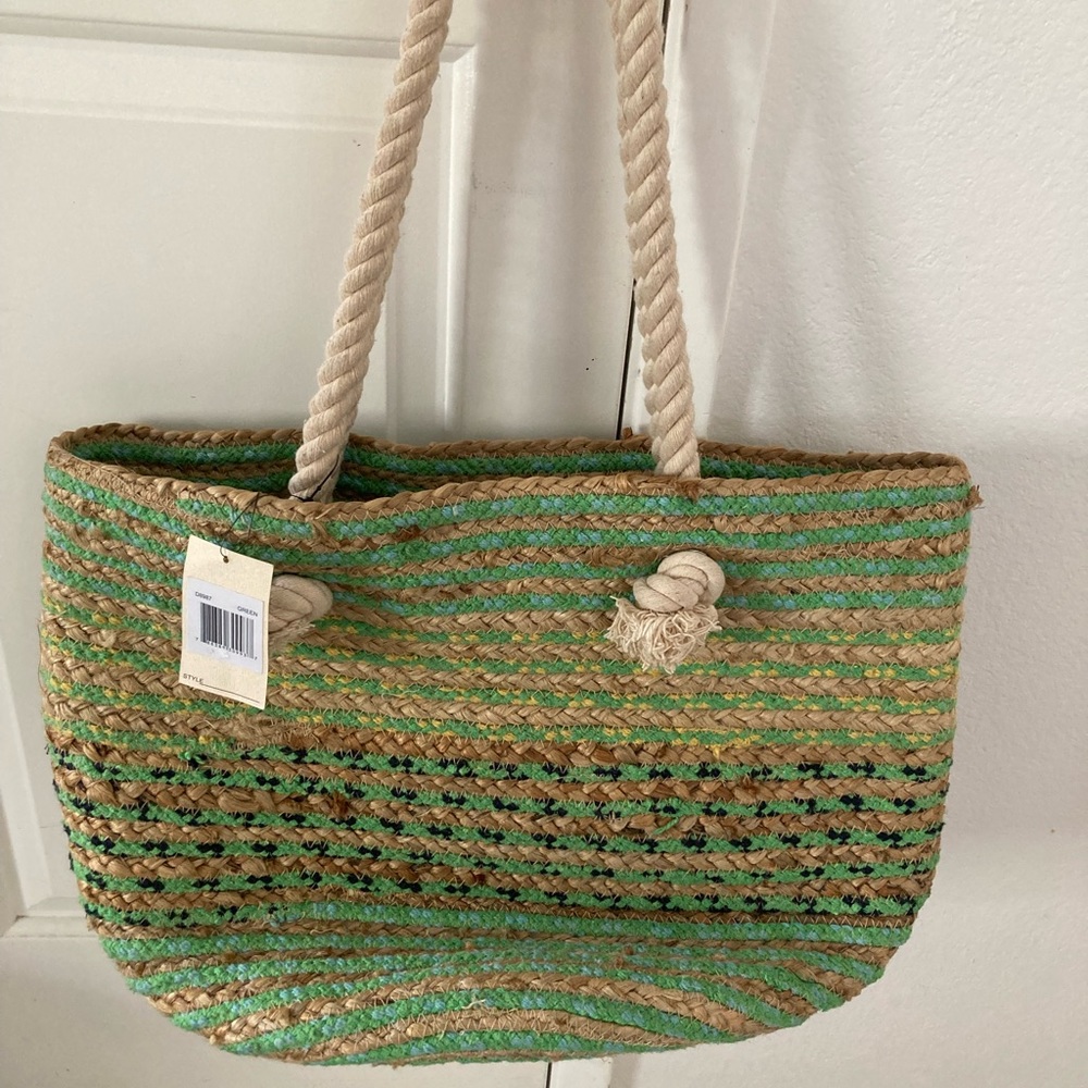 Magid Green Woven Jute Tote Beach Bag.